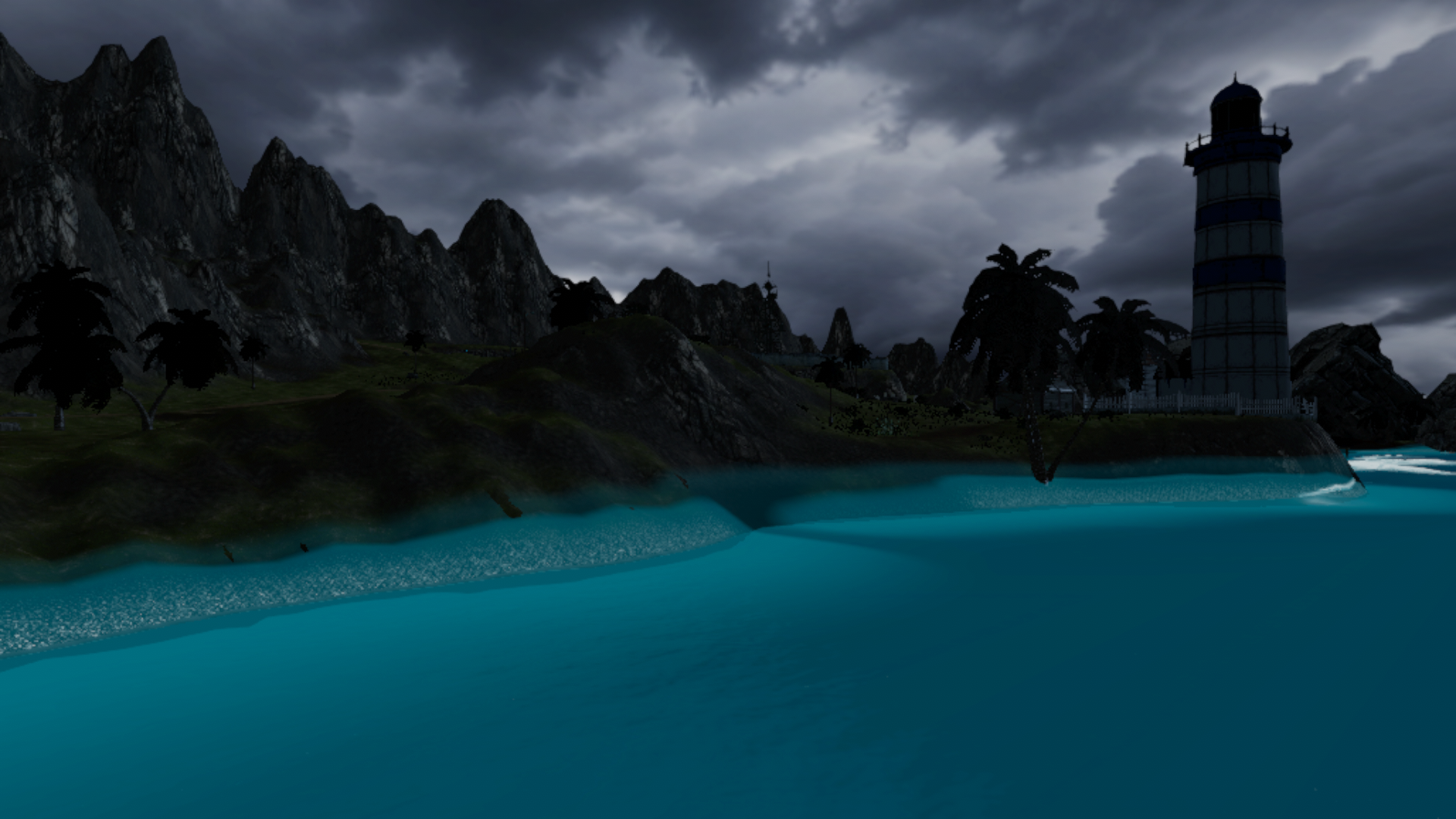 Harbor's lighthouse beneath storm clouds, with rugged cliffs and turquoise water.